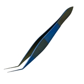 Precision Titanium Hoffman Style Utrata Capsulorhexis Forceps With Wide Serrated Grip Handle (Castro Design) Long Extremely Very Delicate Thin Shafts Angled 17mm From Bend To Tip Small Bent Tips, And An Overall Length Of 4 1/4" (108mm), Blue And Gold Titanium 